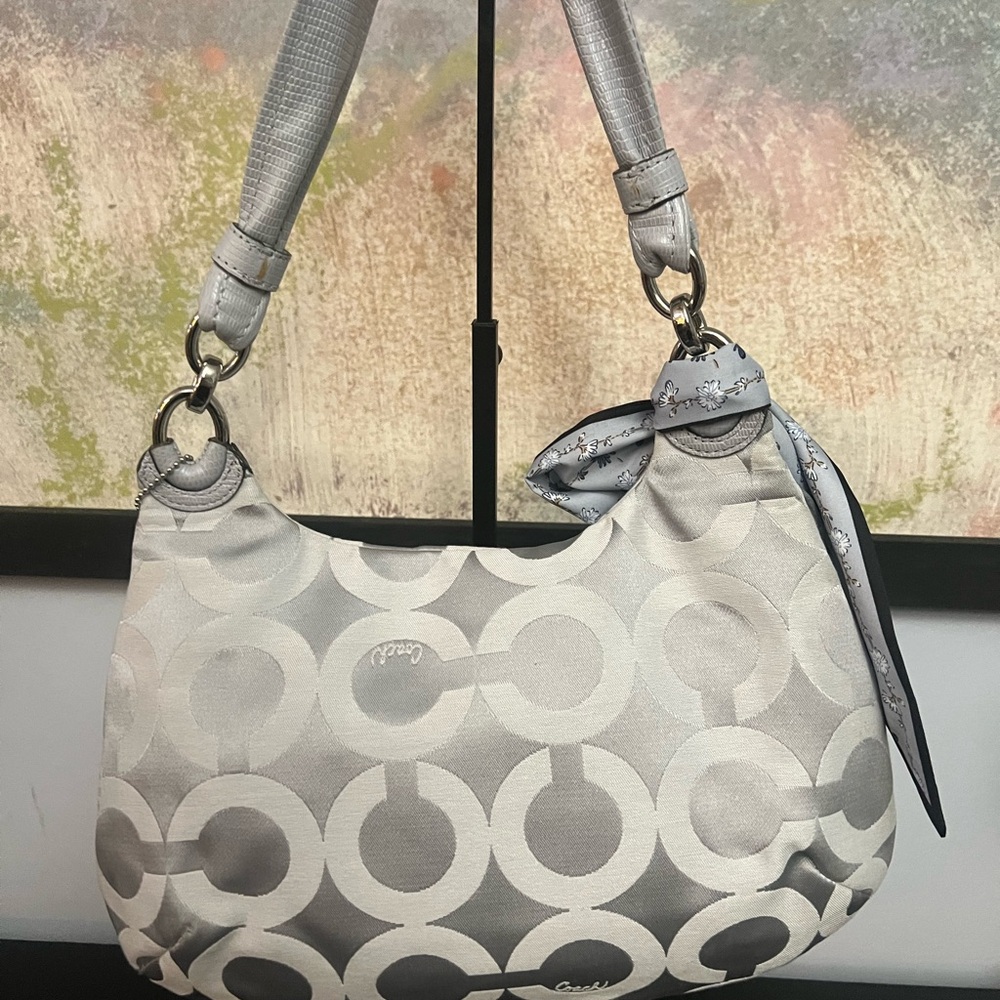 Coach Kristin Op Art Sateen Hippie Bag in Grey and White with Leather Trim - Picture 6 of 9